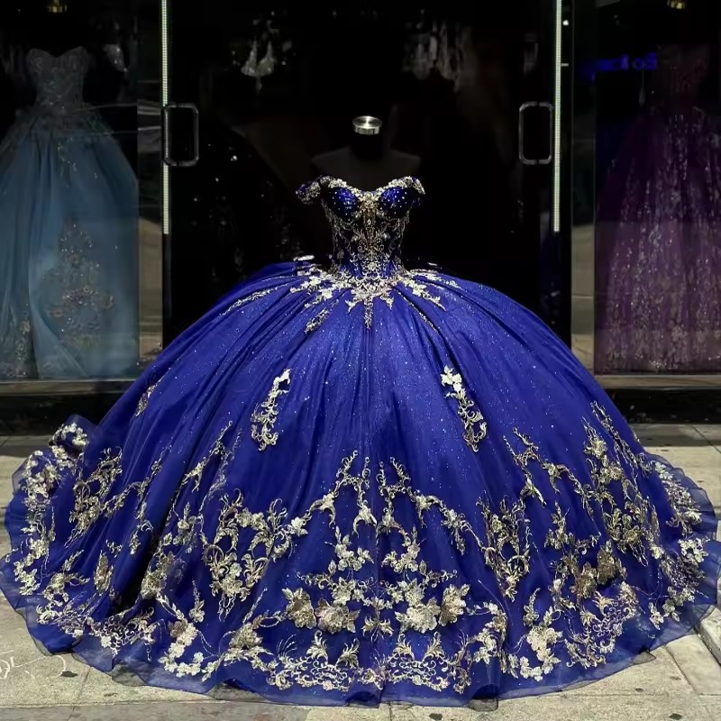 Robes de quinceanera bleu royal scintillant avec un arc luxe en dentelle de dentelle de lacerie princesse princesse Sweep Train sur mesure Couleu