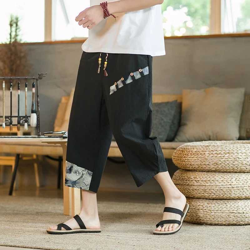 Japanese Samurai Cotton Linen Harem Pants Mens Summer Breathable Print Cropped Pants Mens Casual Elastic Waist Fitness Trousers XJ250821