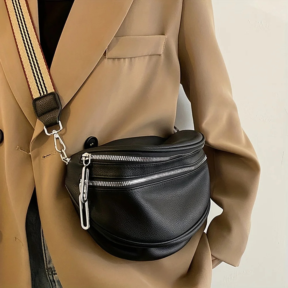 Fashion Double Zipper Fanny Pack Womens Faux Leather Crossbody Bag With Wide Strap 250815