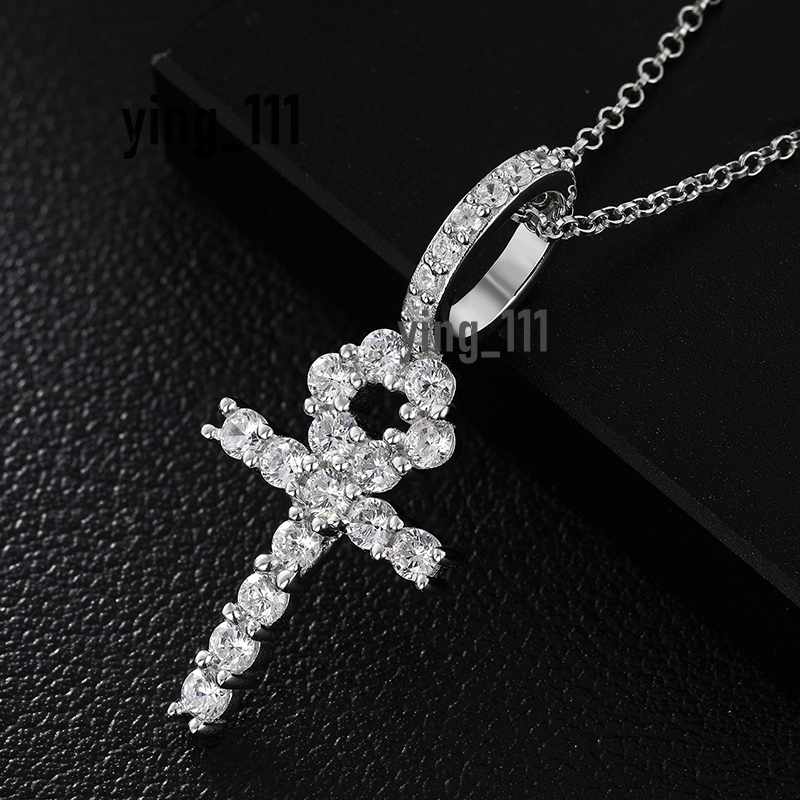 Wholesale Shining Gemstone Jewelry 925 Sterling Silver VVS Moissanite Diamond Ankh Cross Pendant Necklace