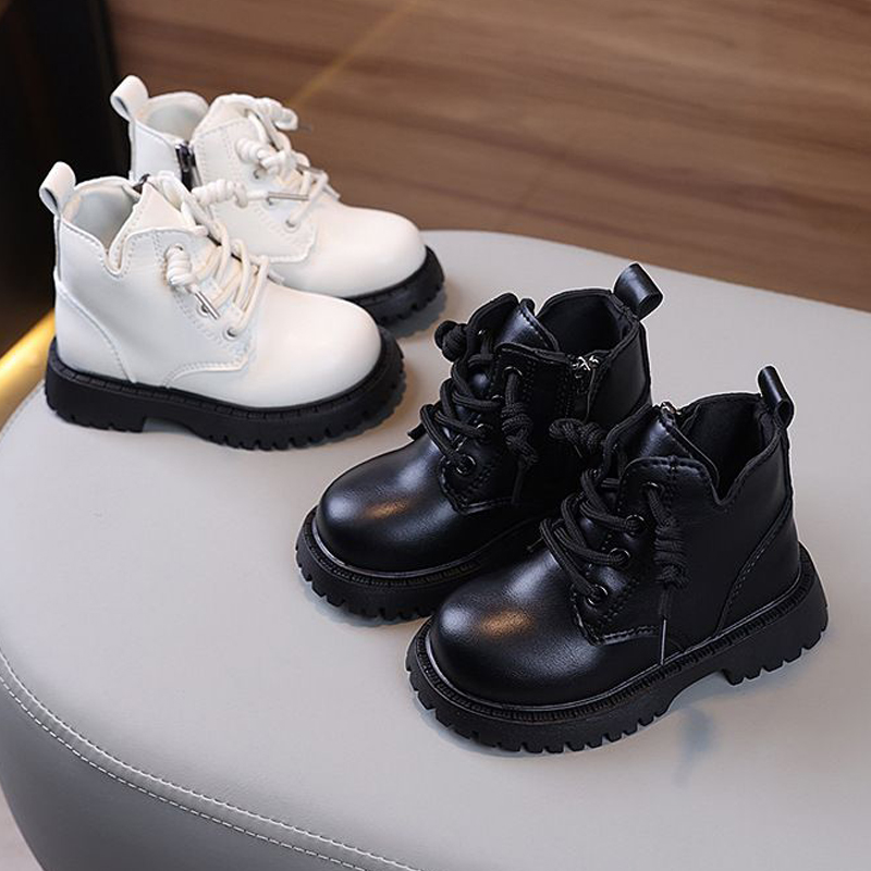 Autumn Winter Toddler Boots Boys Girls Leather Boots Plush Walkfashion Fashion Waterproof Non-slip Warm Kids Boots Shoes 21-30 W0358