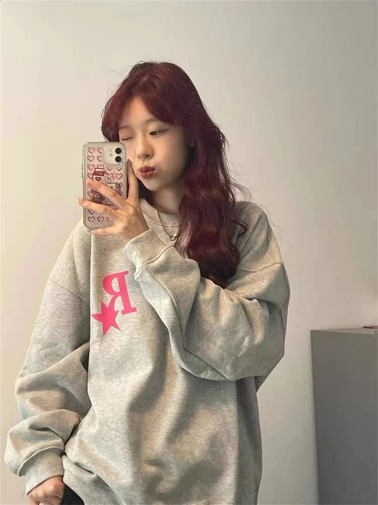Summer Womens Oversized Hoodies Sweatshirts Long Sleeve Star Letters Printed Gray Shirt Loose Comfortable Trend Couple Coat 250820