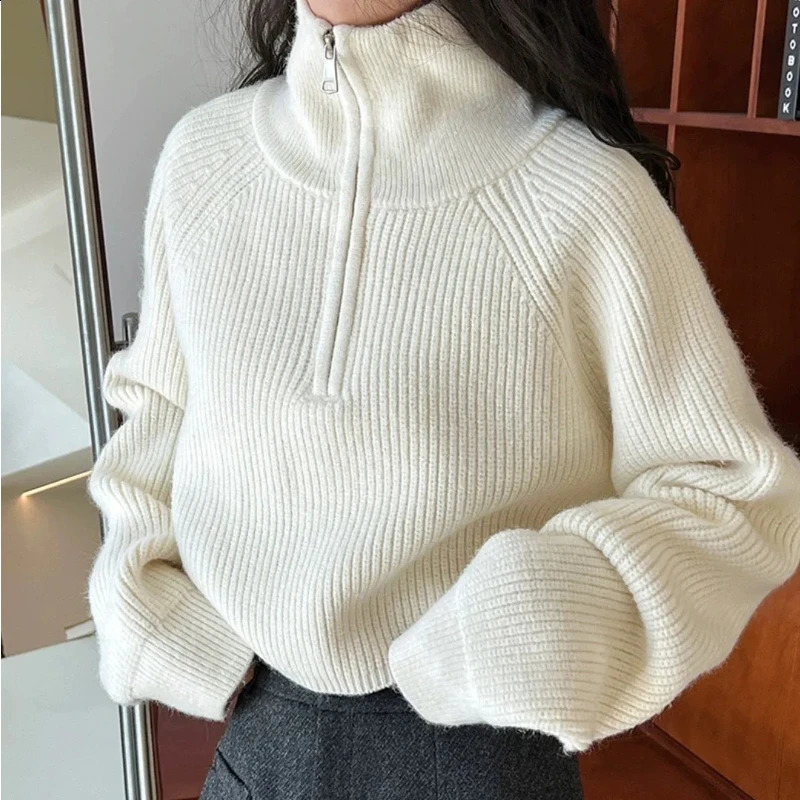 Aossviao Femmes lâches Pilluches en tricot à moitié zipper automne et chair de col roulé d'hiver