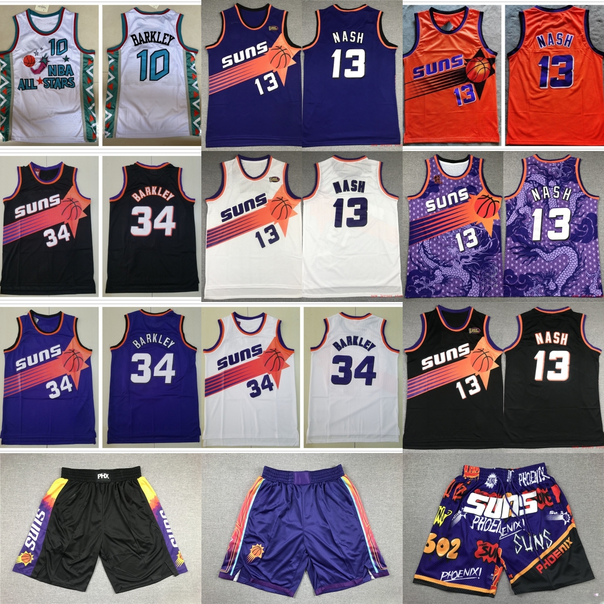 Classic Retro 1996-97 Basketball 13 Steve Nash Jersey Throwback 1996 All-Star 34 Charles Barkley Vintage Black White Purple Orange Breathable Spo