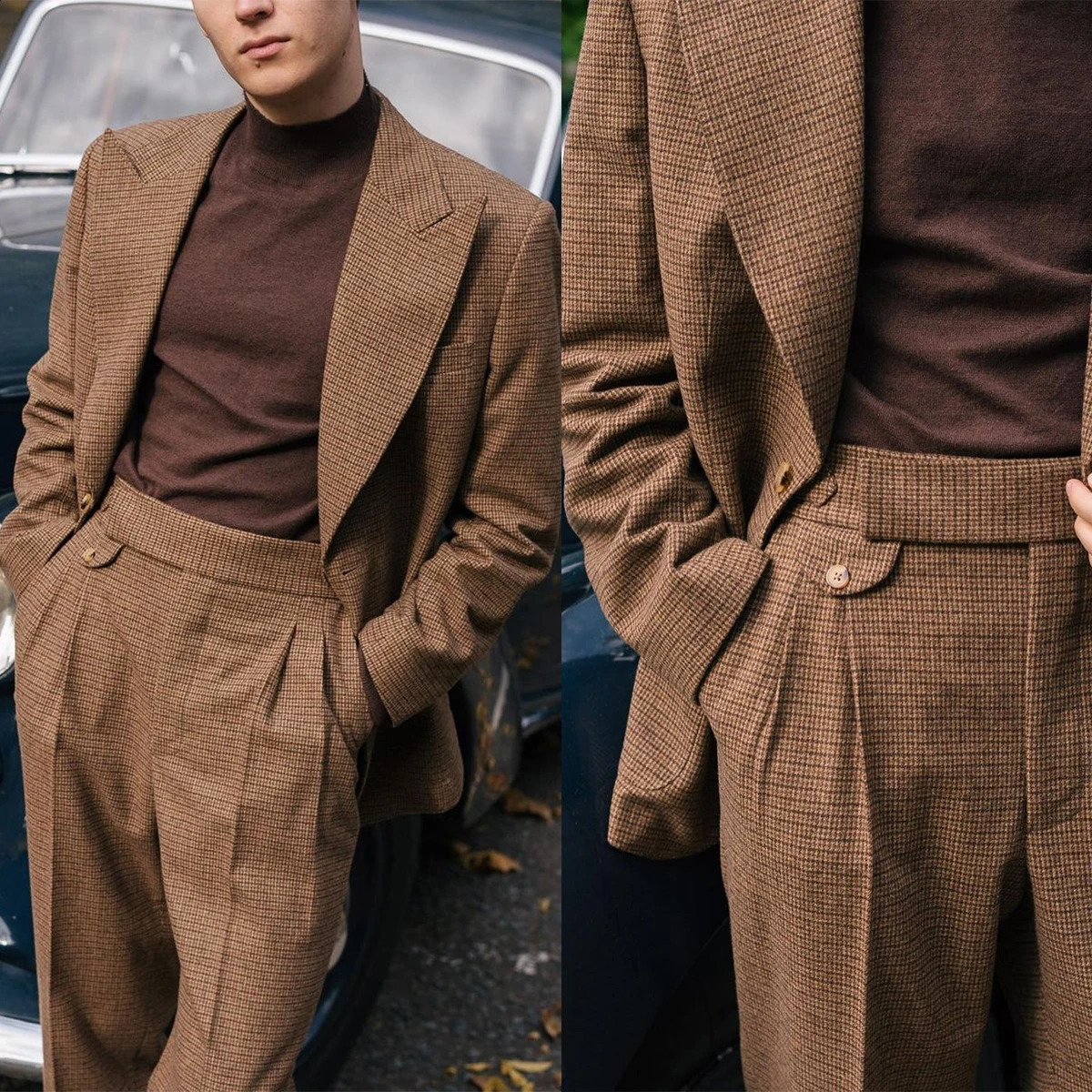 Brown Men Suits TailorMade 2 Pieces Blazer Pants Single Breasted Wide Lapel Plaid Stripes Business Wedding Plus Size Tailored 250821