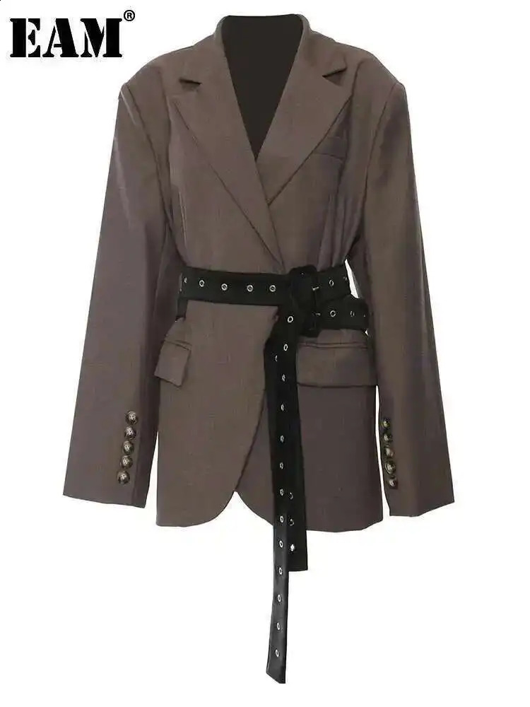 EAM Women Brown Back Button Belted Big Size Elegant Blazer Lapel Long Sleeve Jacket Fashion Spring Autumn 1DH7481 250821