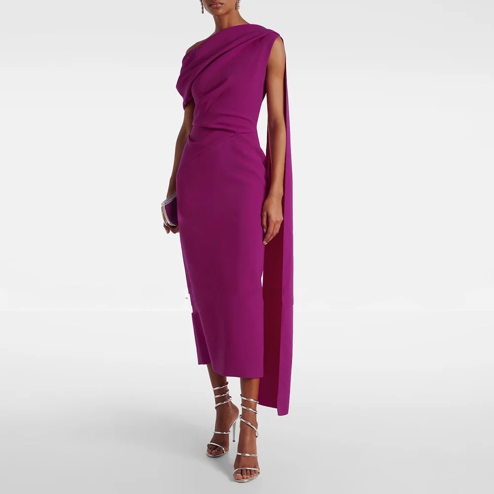 2026 Elegant Sheath Women Formal Evening Dress Purple One Shoulder Tea Length Draped Prom Pageant Party Gowns Birthday Robe De Soiree