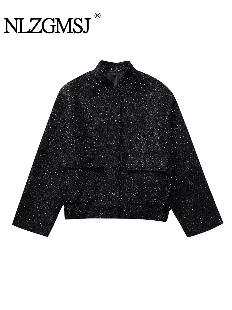 Trafshe Femmes Veste de paillettes brillantes Y2K Gold Color Stand Collier à manches longues à manches courtes automne-hiver hiver dames high str