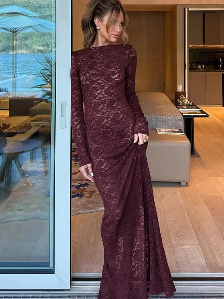 Nibber See Through Maxi Dress Women Wide Collar Long Sleeves Jacquard Skinny High Elasticity Sexy Midnight Vacation Vestidos250820