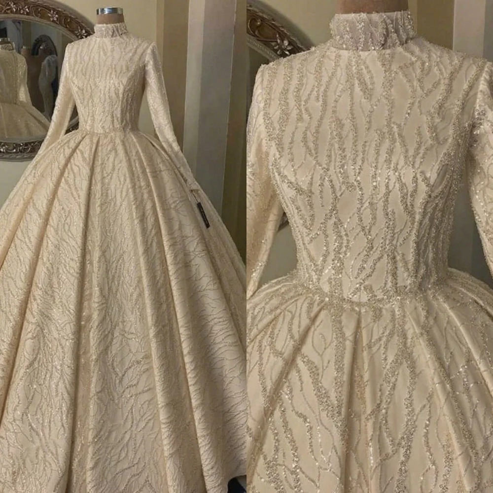 Vintage A Line Women Wedding Dresses High Collar Long Sleeves Bridal Gowns Sequins Sweep Train Dress Custom Made vestidos de novia
