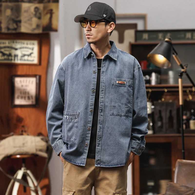 American Vintage Cargo Denim Shirt Jacket for Men Streetwear Solid Color Heavyweight Multi-pocket Workwear Coat Male Clothing W250821