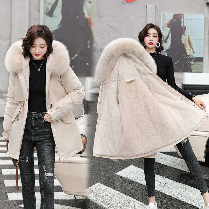 Winter Women Coat Soild Color Faux Fur Collar Plush Lining Lady Jackets Warm Windproof Zipper Closure Female Parkas With Pockets