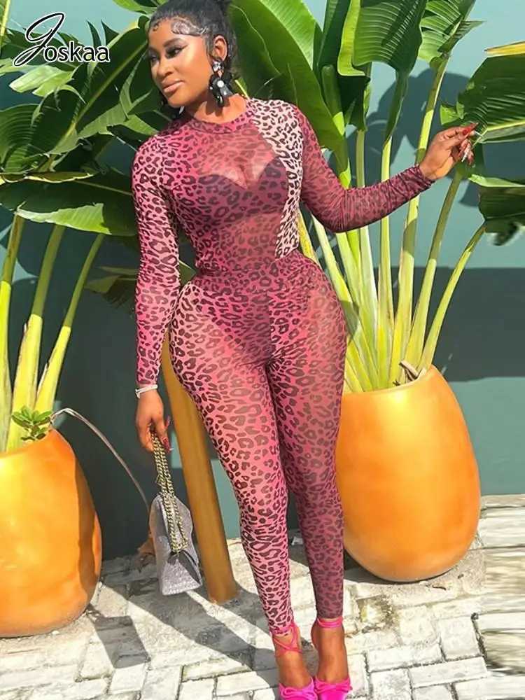 Joskaa Leopard Print Mesh 2 Piece Sets Women Sexy Long Sleeve Bodysuits and Leggings Matching 2025 Summer Midnight Club Outfits S25821