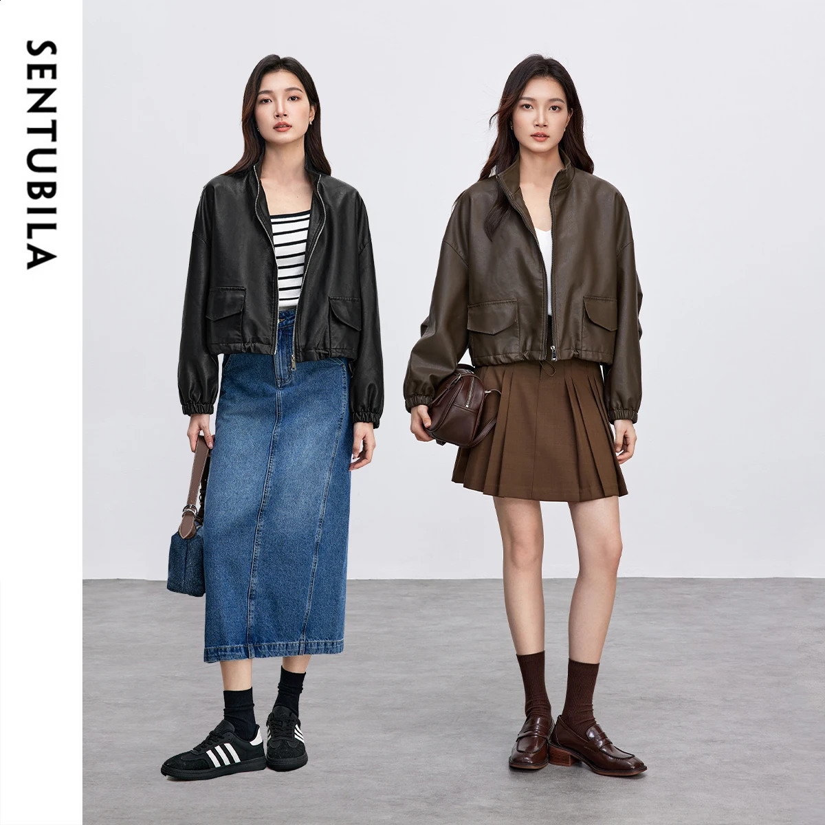 SENTUBILA Leather Jacket Women Autumn Fall Fashion Vintage Commute Loose Stand Collar Folds Pu Short Outerwears W51G87928 250827