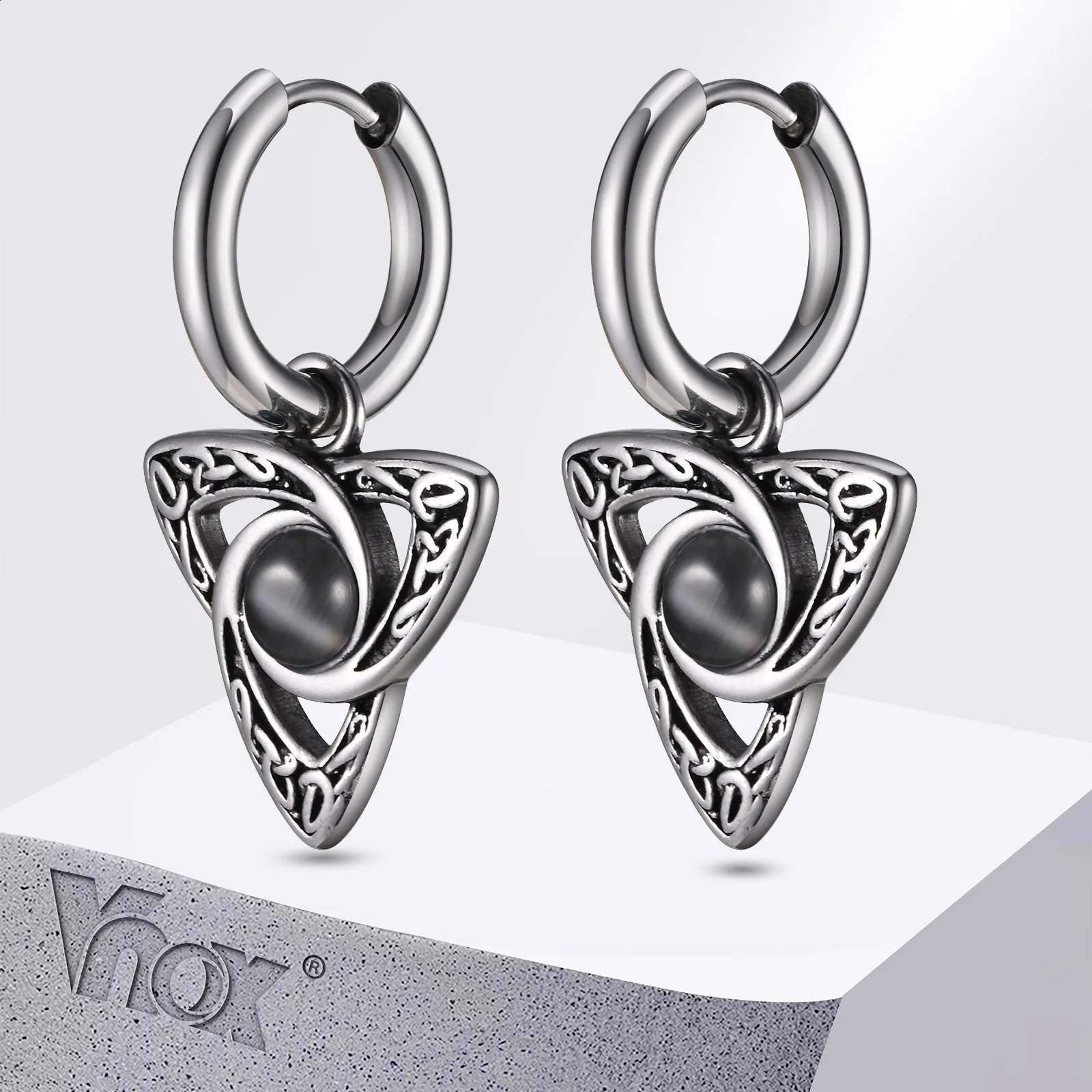 Boucles d'oreilles Triangle de nœuds celtiques rétro Vnox pour hommes Boucles d'oreilles en pierre de pierre d'opale.