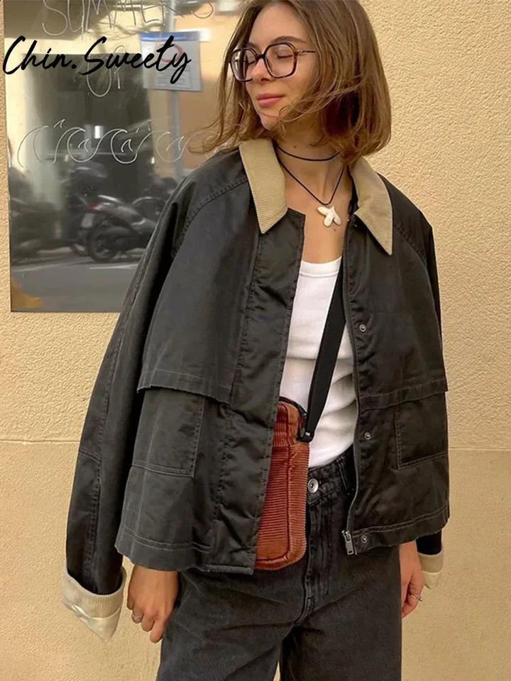 Veste patchwork décontractée Femmes Vintage Aboule Zipper Poches à manches longues Mouilles plissées Femme Fashion Fashion Outwears Lady 250820