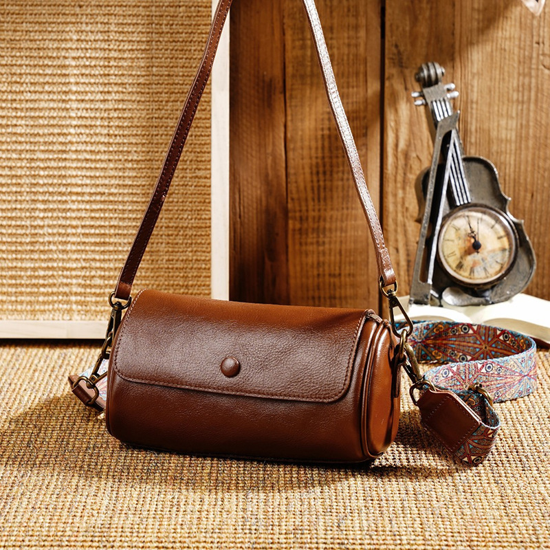Women's Luxury Top-level Cowhide Cylindrical Handbag Retro Fashion Shoulder Bag Leather Crossbody Casual Bag Free Shipping Designer Bag