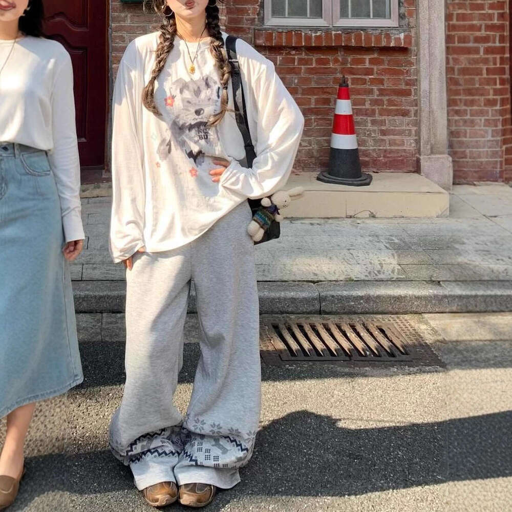 American Style Autumn Vintage Totem Pantalon décontracté à jambes larges avec design en dentelle et pantalon de survêtement à la mode lâche B5