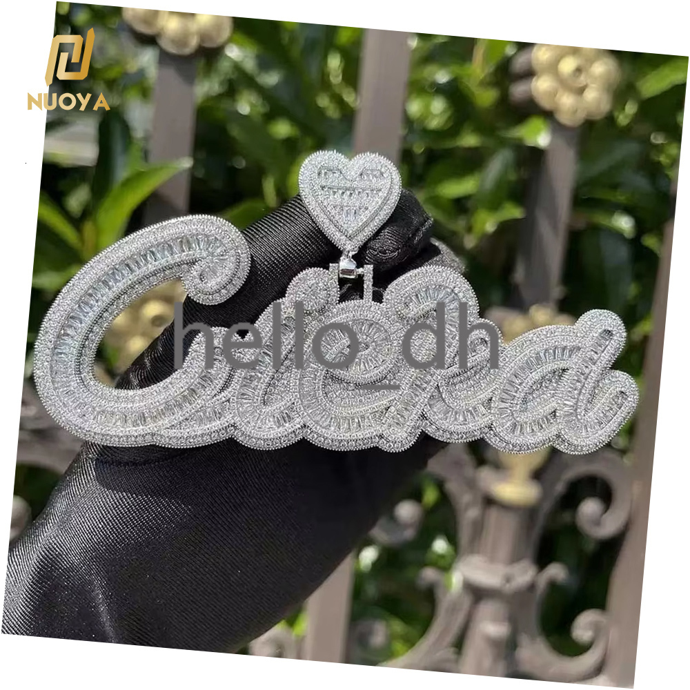 New Arrival Heart Hook Baguette Letter Pendant Square Cut moissanite Stone Iced Out Diamond Letter Pendant Custom Name Necklace
