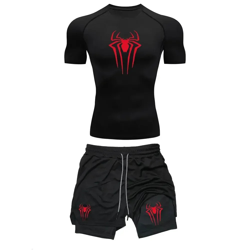 Mens Workout Compression Set Y2K Spider Printed Gym Tshirts Breathable Running Shorts Quick Dry Sports Rash Guard Sportwear Set 250820