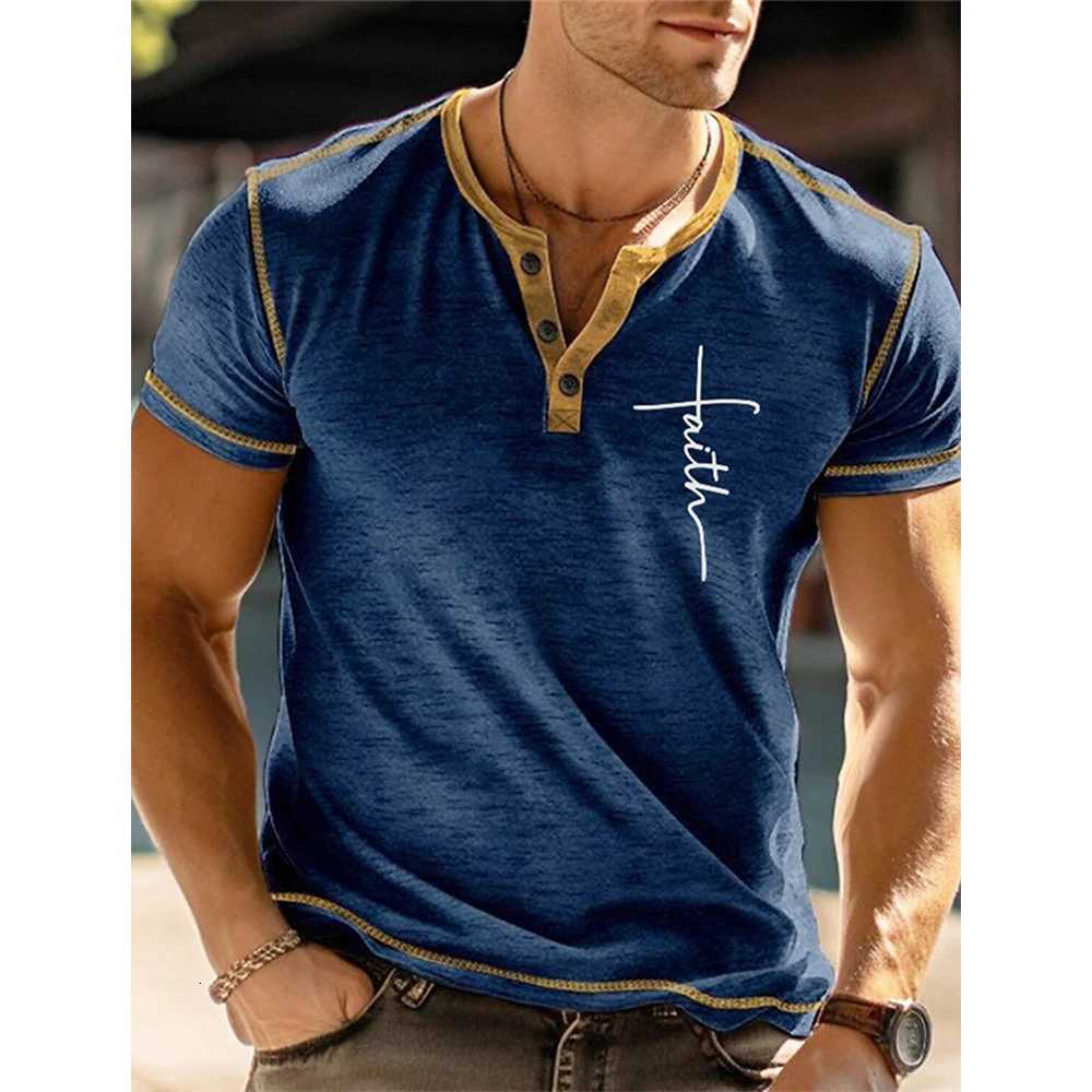3D Printed Henley Shirts with Summer Faith Letter Mens Fashion Streetwear Oversized Button Short Sleeve T Shirt Tees Tops Mens Clothing X250821