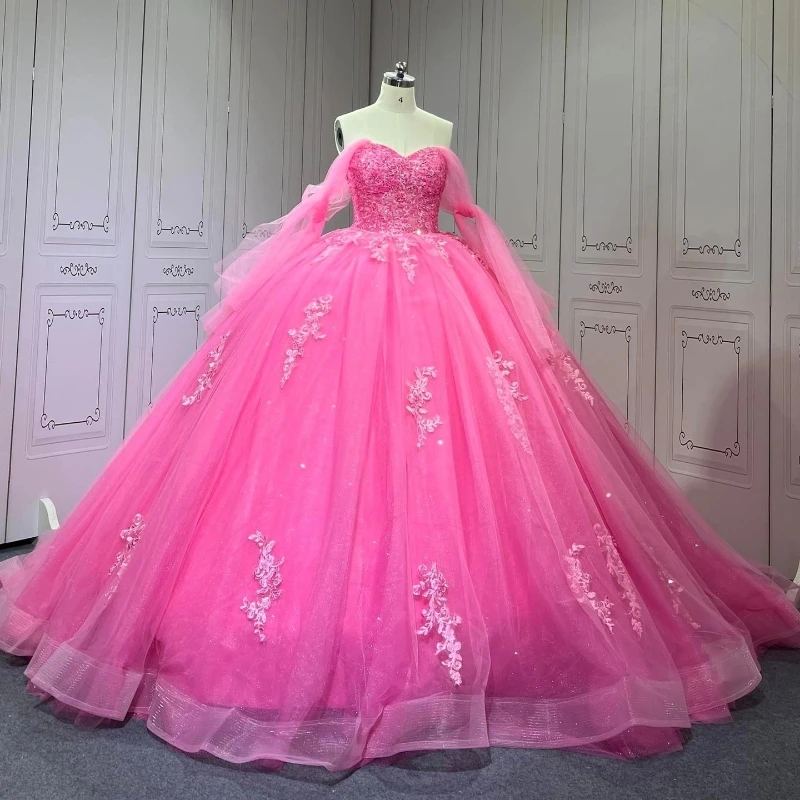 Rose rouge de la robe de bal épaule quinceanera robes princesse appliques perles tull anniversaire vestidos de 15 anos sweet 16 robe