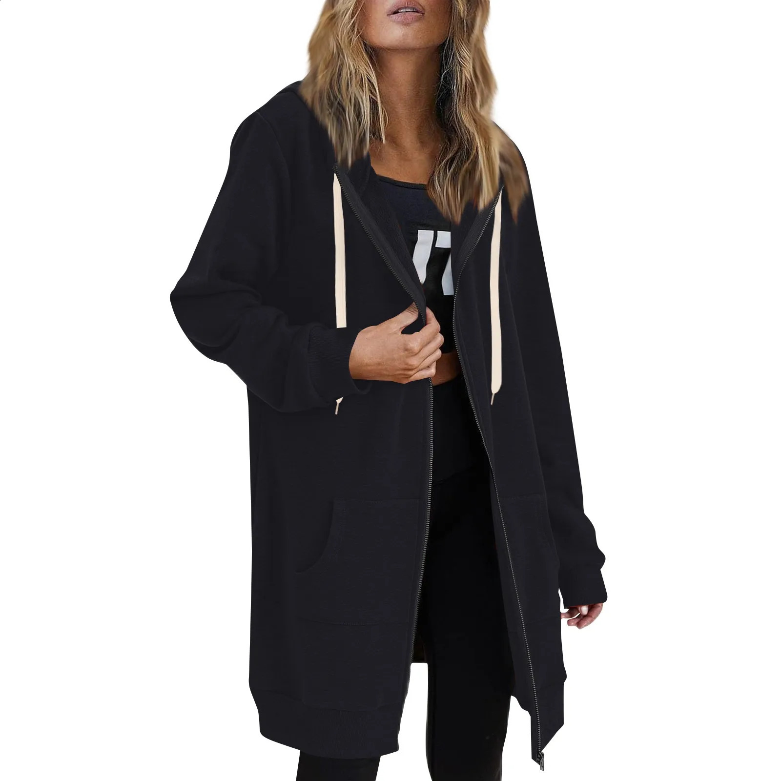 y2k Womens Casual Zip Up Hoodies Long Tunic Sweatshirt Winter Windproof Drawstring Hooded Jacket Outerwear With Pockets 250820