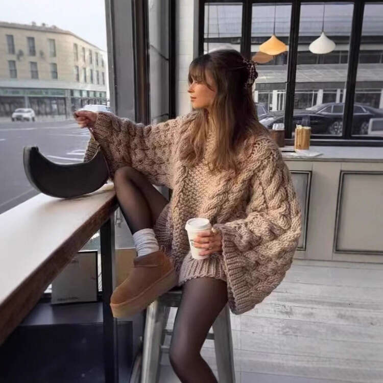 Ins American Style Knitted Pullover For Women, Casual Lazy Round Neck Solid Color Loose Fit Versatile Sleeve Sweater B5