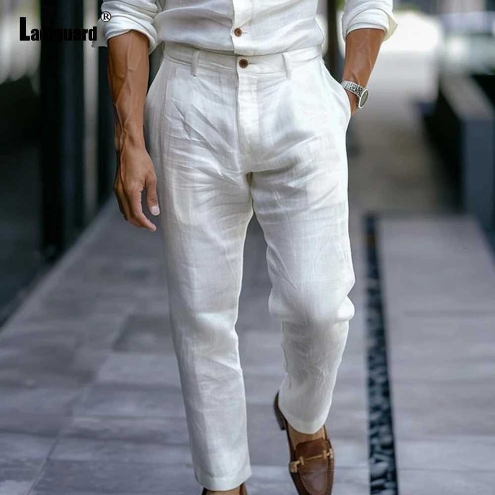 2025 Mens Stand Pocket Linen Beach Pants Solid White Trousers Plus Size Mens Casual Straight Pants Male Ankle-Length Bottoms New XJ250821