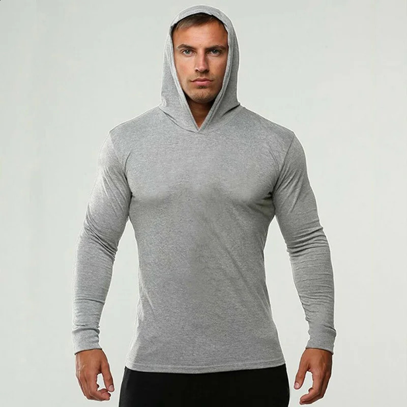 Solid Color Gym Clothing Long Sleeve Slim Fit Hooded T-Shirt Cotton Breathable Hoodie Mens Bodybuilding Fitness Muscle Sportwear 250820