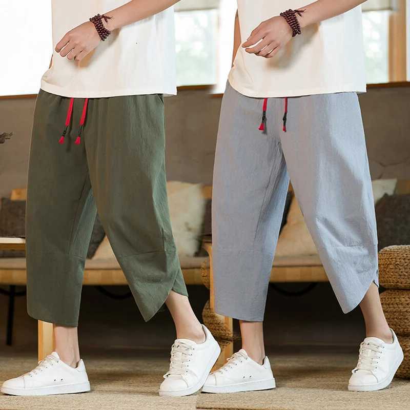 M-5HL Summer New Mens Cropped Pants 95% Cotton Thin Loose Pants Japanese Style Elastic Waist Casual Pants XJ250821