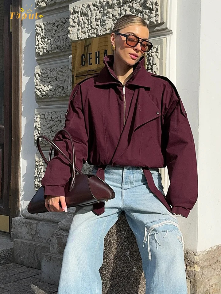 Fashion Burgundy Zipper Bomber Jacket Women Loose Stand Collar Button Long Sleeve Pocket Short Coat Lady Street Outerwear 250815