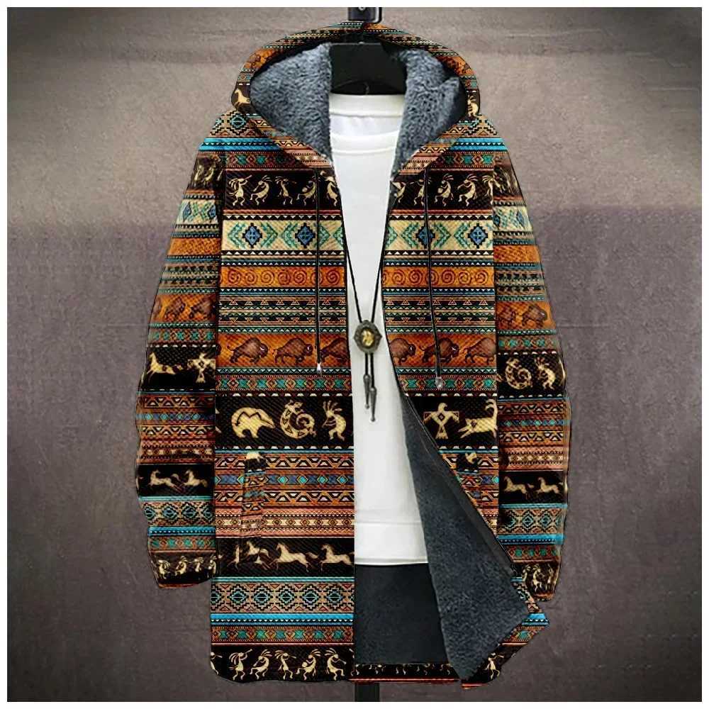 Men Cardigans Coats Ethnic Florals Pattern Art Graphics Printed Plush Thick Winter Casual Streetwear Unisex Clothing W250821