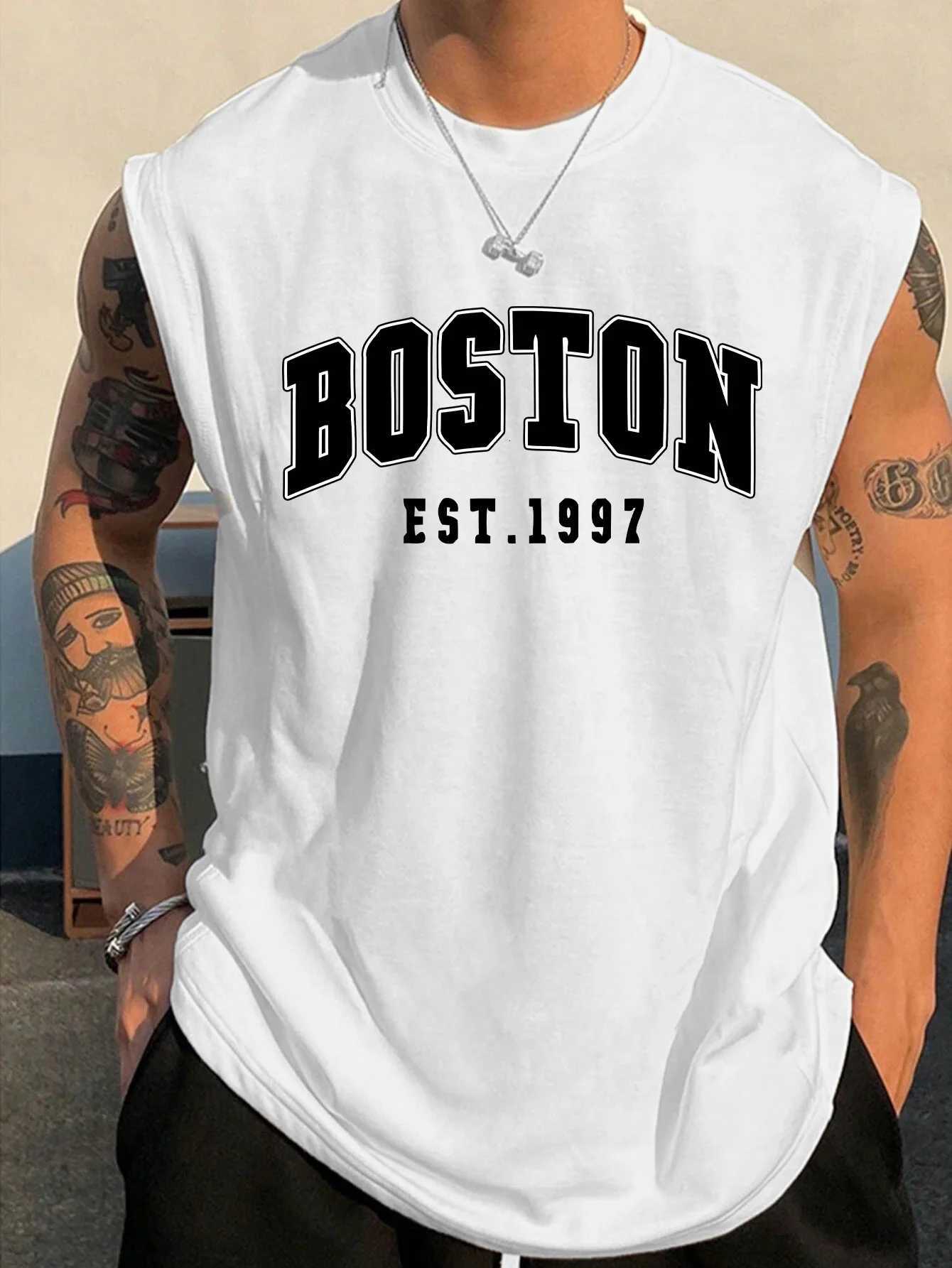 Mens Summer Fashion Casual Sports Loose Boston Est 1997 Print Comfortable Breathable Round Neck Sleeveless Vest X250821
