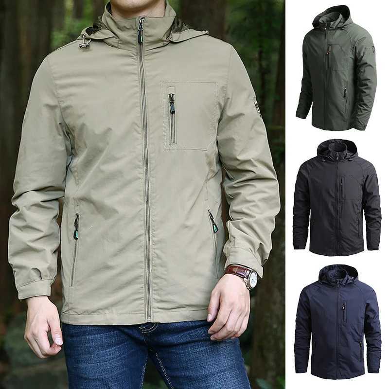 5XL Mens Outdoor Hiking Jackets Autumn Spring Multi-pocket Tactical Safari Fishing Waterproof Hooded Thin Cargo Coat Hot Sale W250821