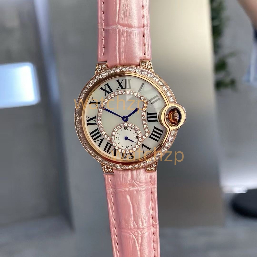 Luxury ladies' watch with diamond-encrusted case and colorful genuine leather strap is more fashionable. Size: 36mm, free shipping