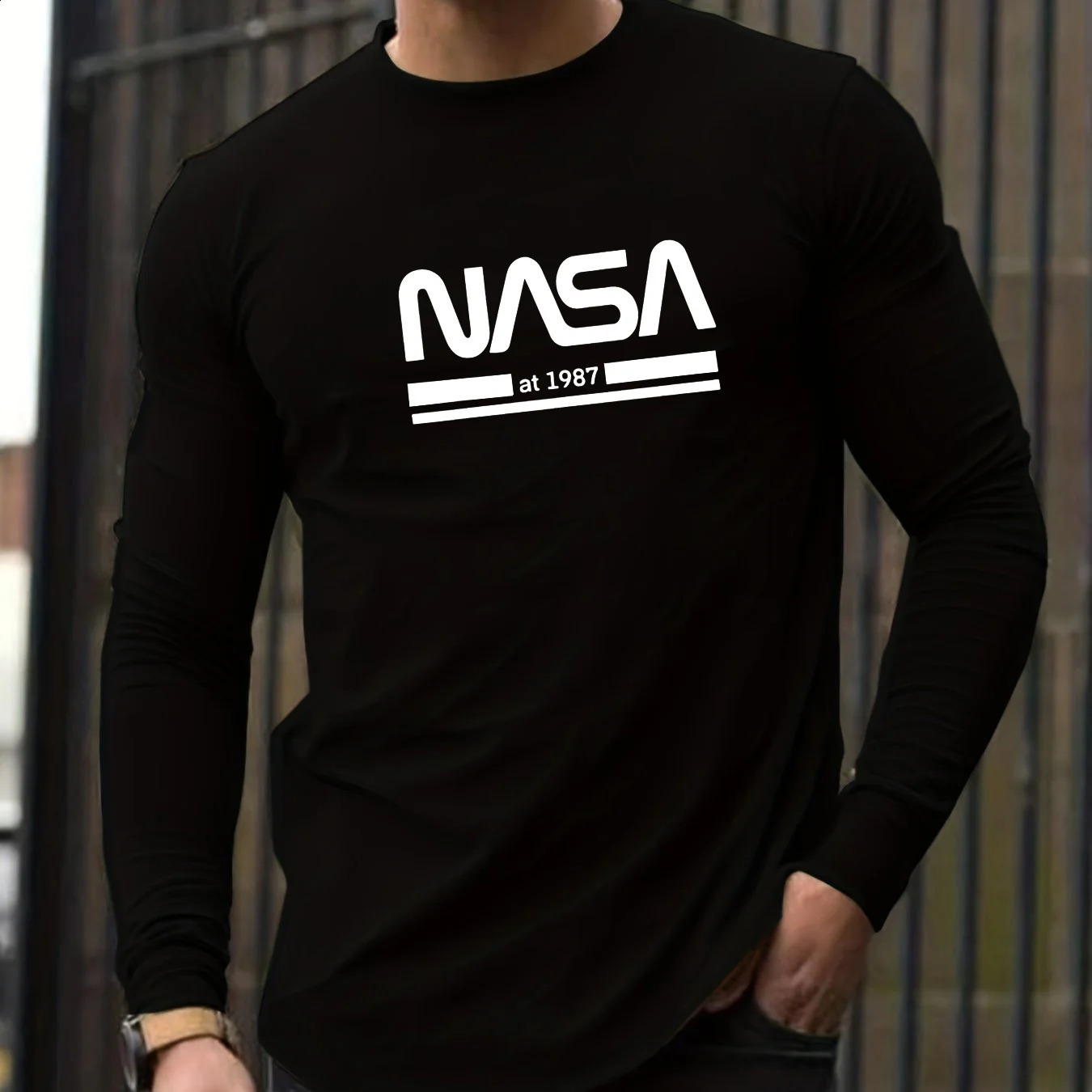 Mens Spring and Autumn 100% Cotton Loose Comfortable Casual NASA Letter Printed Round Neck Long Sleeve T-shirt 250818