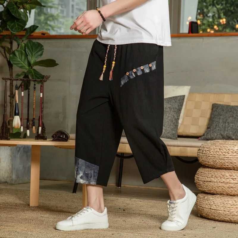 Japanese Cotton Linen Harem Pants Men Summer Breathable Linen Cropped Pants for Men Casual Elastic Waist Fitness Pants XJ250821