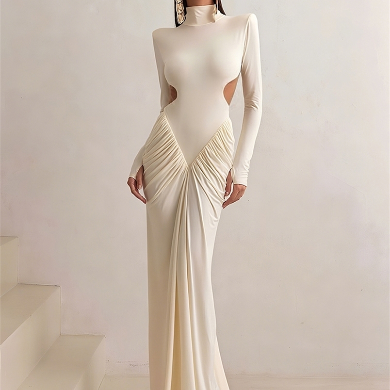 Weird Puss Backless Maxi Dress Women Long Sleeve Shoulder Pads Waistless Peach Buttocks Ruched Elegant Banquet Skinny Vestidos250820