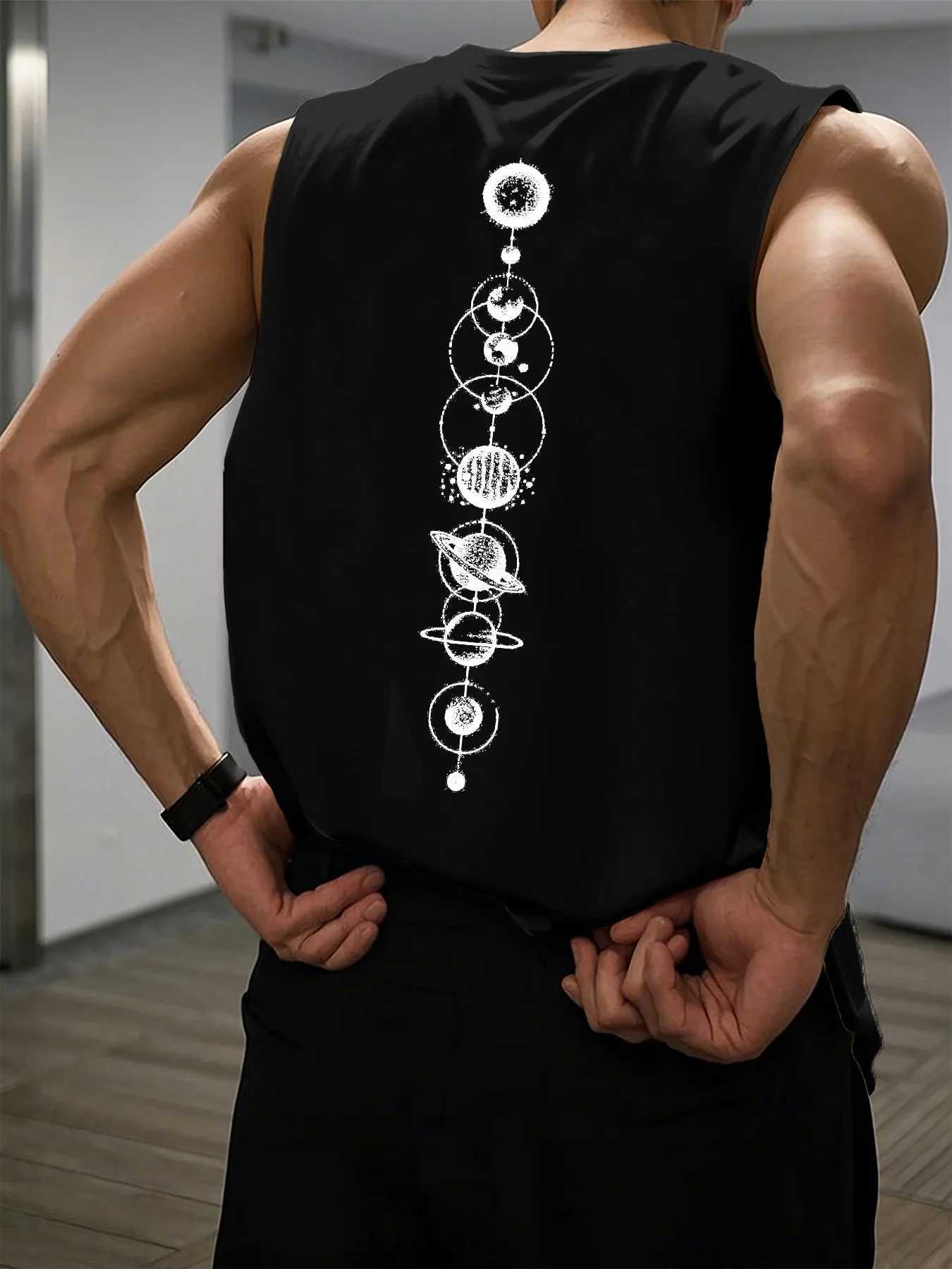 Mens Summer Leisure Sports Fitness Loose Space Planet Pattern Printed Comfortable and Breathable Round Neck Sleeveless Tank Top X250821
