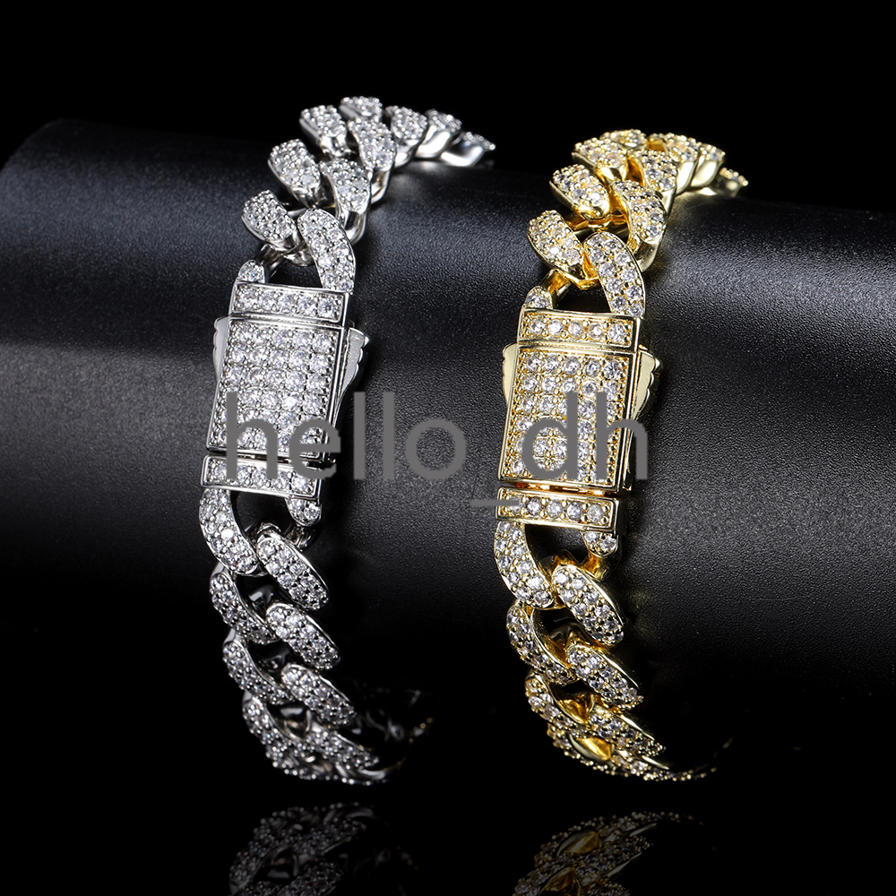 12mm Luxury Hip Hop Gold Iced Out Diamond Cuban Link Chain Bracelet Women Jewelry moissanite moissaniteia Silver Bracelets Men