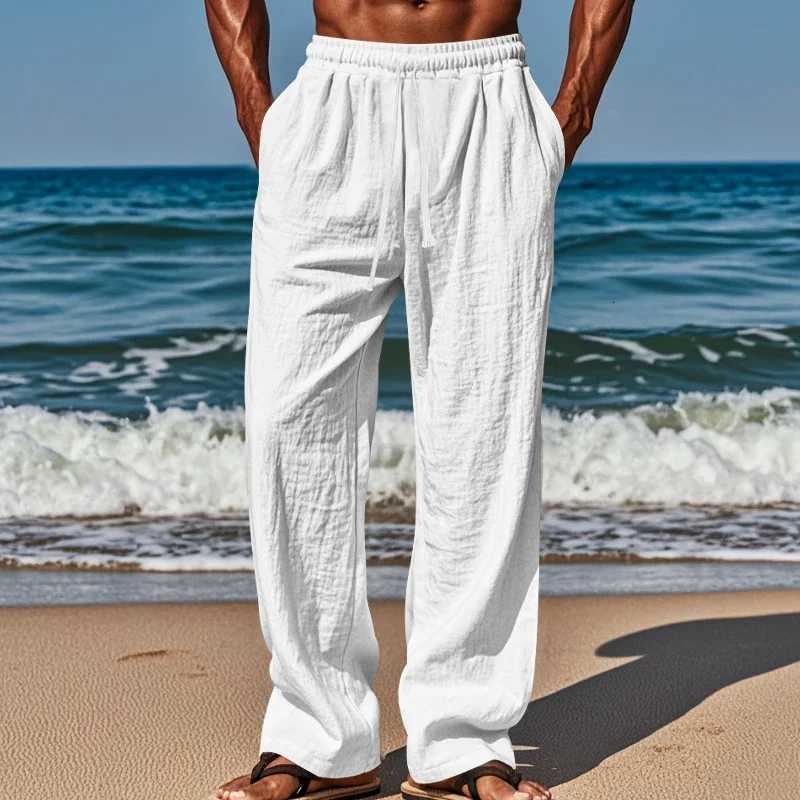 Mens Linen Casual Pants Elastic Waist Beach Pants Lightweight Drawstring Summer Yoga Pants Solid Color Beach Pants XJ250821