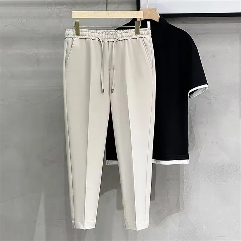 Casual Cropped Pants For Men Anti-wrinkle Korean Style Draped Suit Trousers Cone Shape Spring Summer Long Pants250820