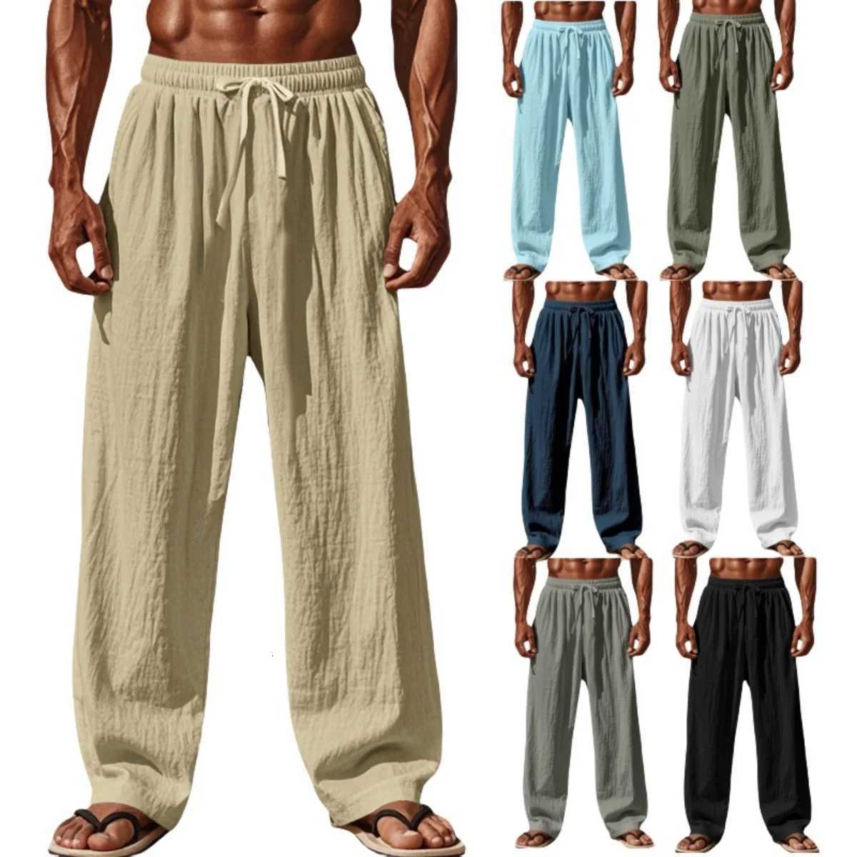 Mens New Cotton Hemp Casual Pants Spring And Summer Solid Color Comfortable Loose Straight Pants Breathable Outdoor Beach Pants XJ250821