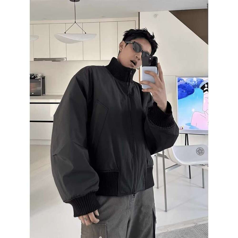 Black Korean Style Trendy Stand Collar Baseball Cotton Men's High Street Cool Versatile Puffer Oversized Bomber Jacket B5