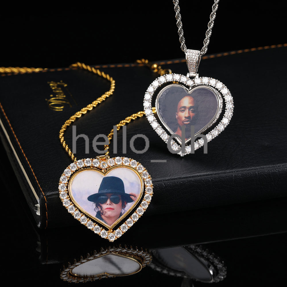 Iced Out Diamond Memory Photo Pendant Hip Hop Jewelry Custom Rotating Heart Photo Pendant Picture Necklace