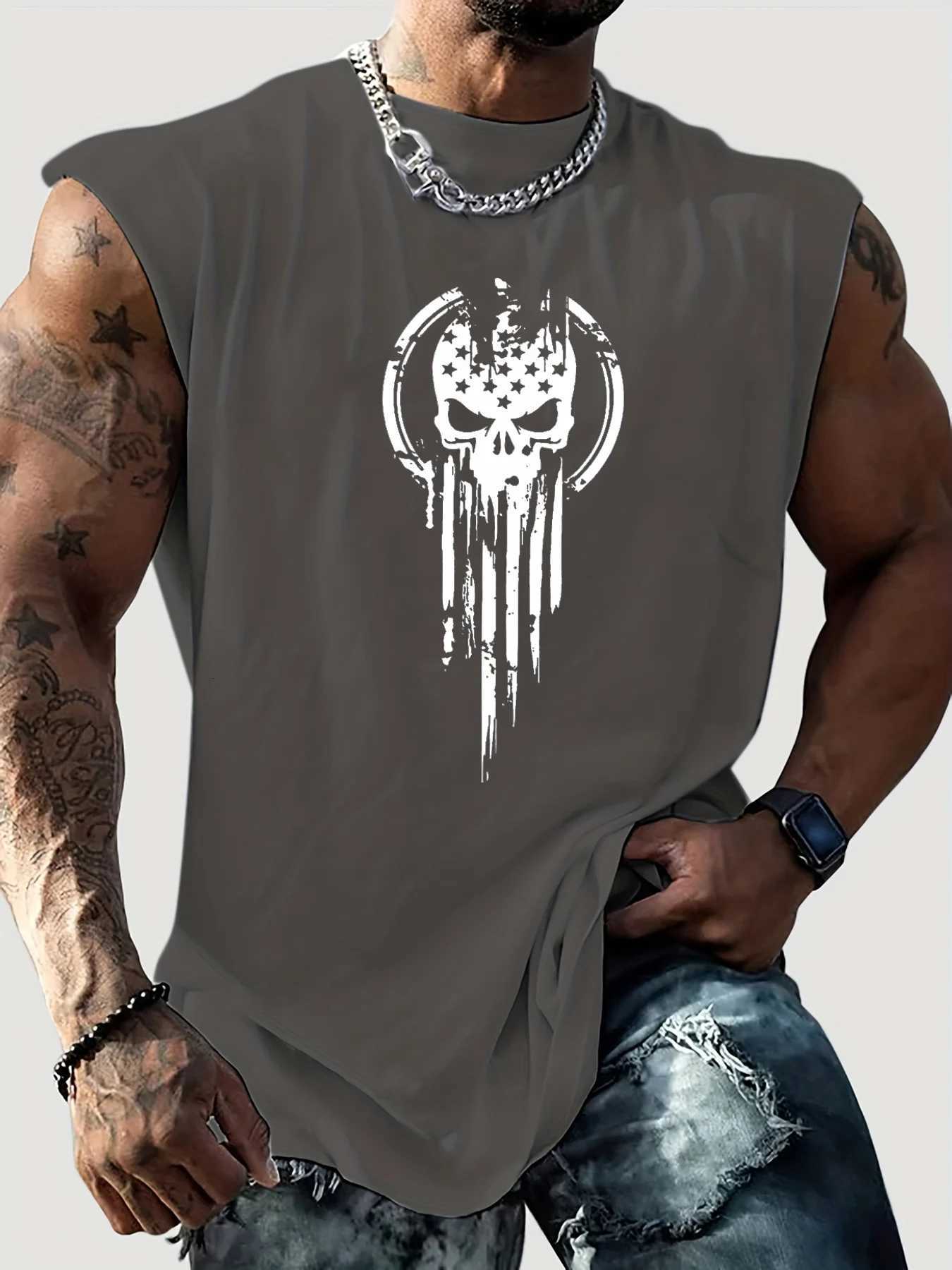 Mens Summer Leisure Sports Fitness Loose Skeleton Pattern Printed Comfortable and Breathable Round Neck Sleeveless Tank Top X250821