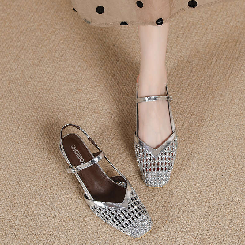 Women's Summer 2025 New Style Woven Silver Square High Heels Chunky Heel Open Toe Sandals