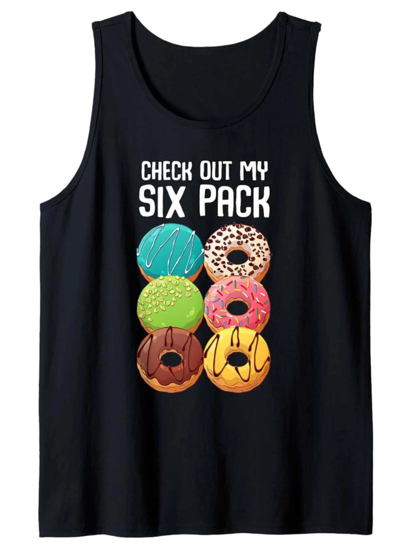 Mens Fun Donut Pattern T-shirt - Look At My Six Pack Abs Slogan - Loose Sleeveless Round Neck Top X250821