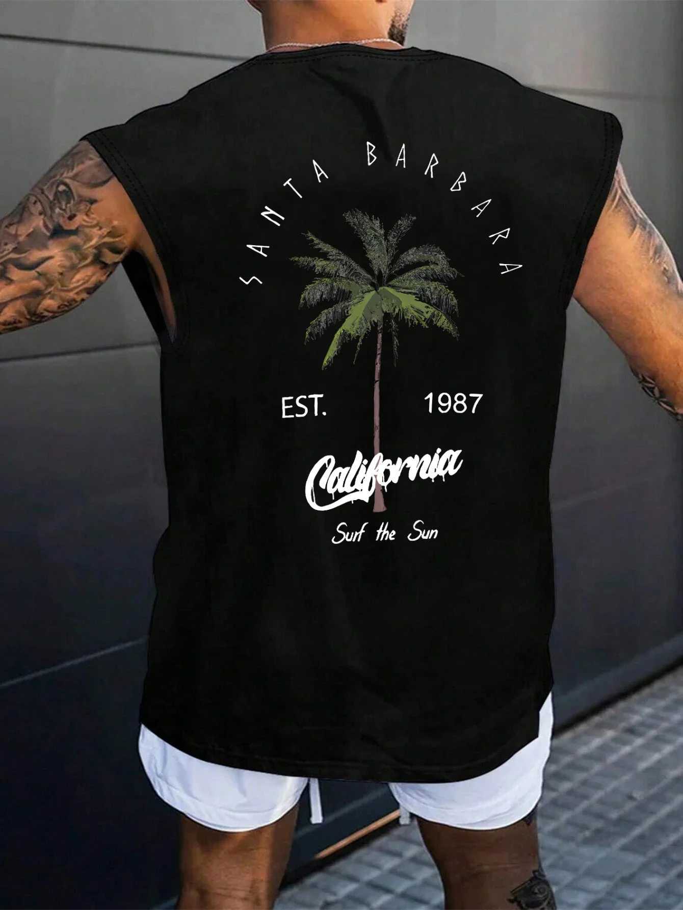 Mens Summer Fashion Casual Sports Loose Coconut Tree Pattern Print Comfortable and Breathable Round Neck Sleeveless Vest X250821